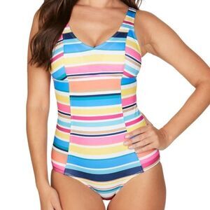 Nip Tuck Women's Poolside Stripes Chlorine Resistant Leona One Piece Swimsuit 10